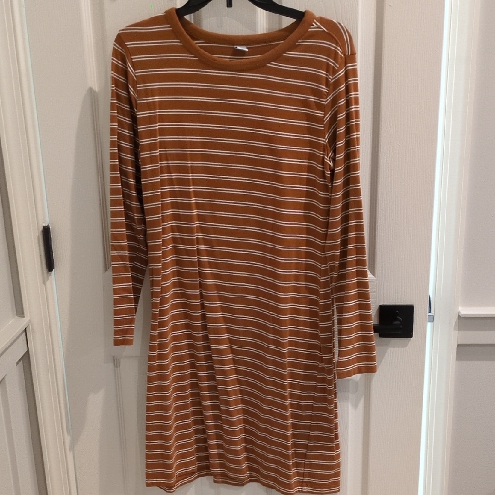 Old Navy Tan And White Striped Long Sleeve T-shirt Dress Size Large